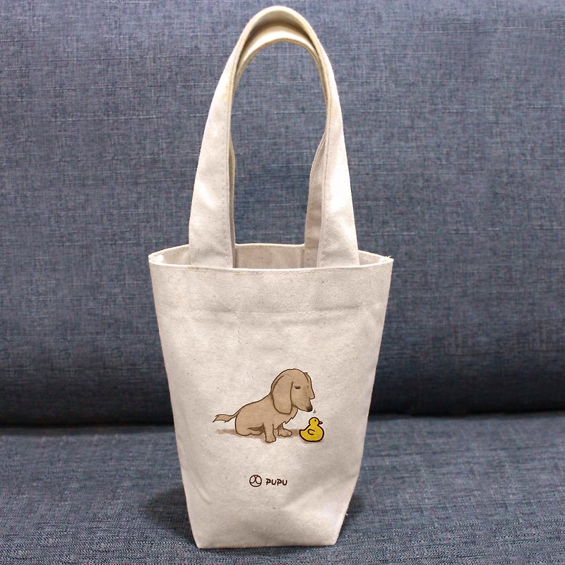 腊肠狗-鸭鸭---台湾制棉麻布-文创柴犬-环保-饮料提袋-苍蝇星球 - 手提包/手提袋 - 棉．麻 白色