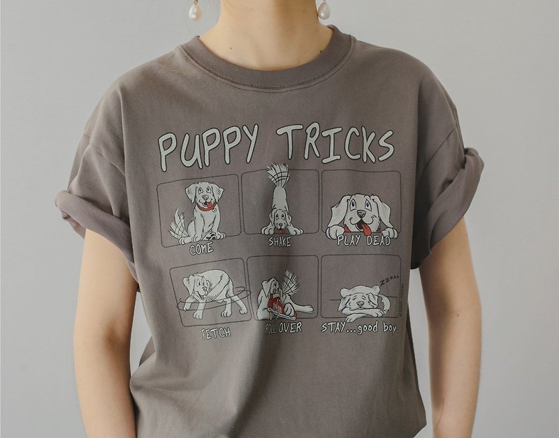 美式复古 少年感幽默漫画 狗狗图案中性寬鬆棉质T恤 - 女装上衣 - 棉．麻 灰色