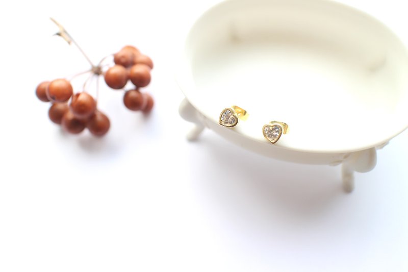 迷你心-锆石黄铜耳环-针式 - 耳环/耳夹 - 其他金属 金色