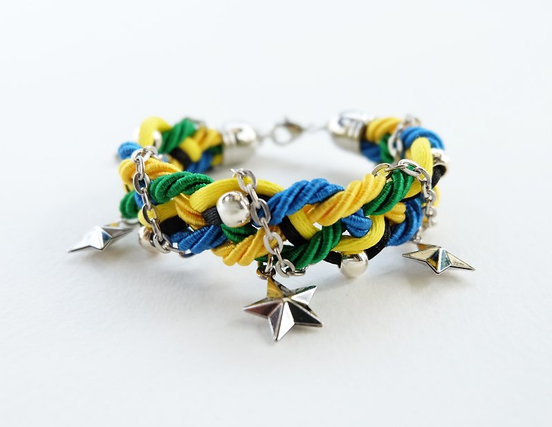 Blue Green Yellow Black braided bracelet with silver color materials and stars - 手链/手环 - 其他材质 多色