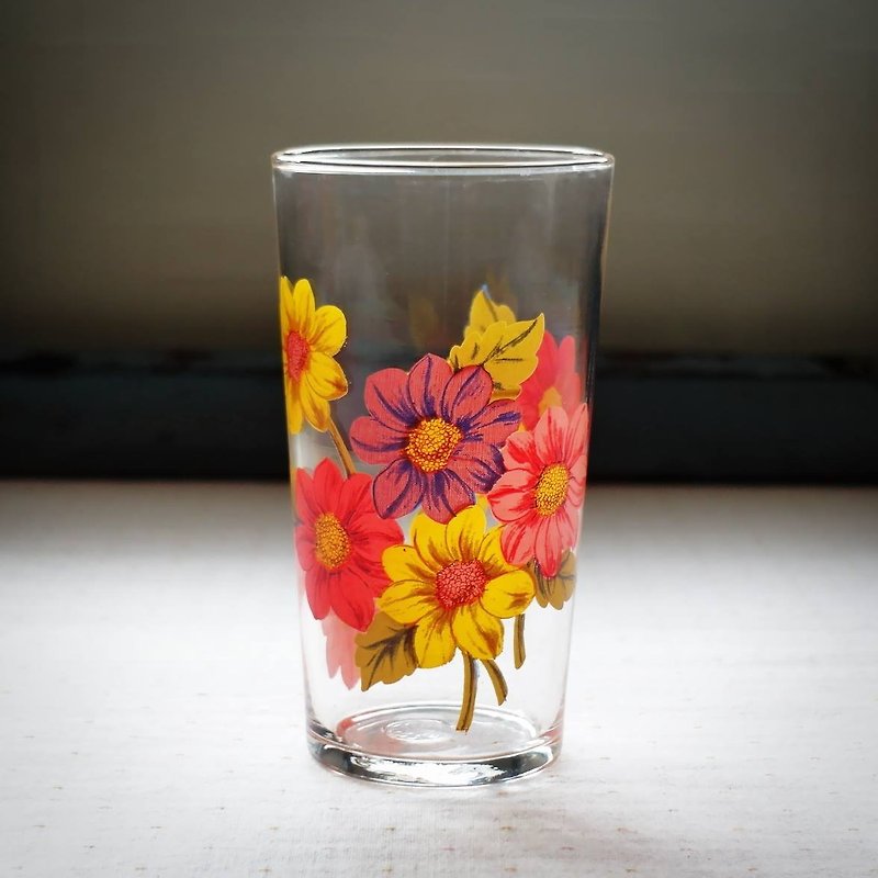 早期印花玻璃杯-暖菊 (餐具/旧货/老物/花朵/水杯/arcoroc) - 茶具/茶杯 - 玻璃 红色