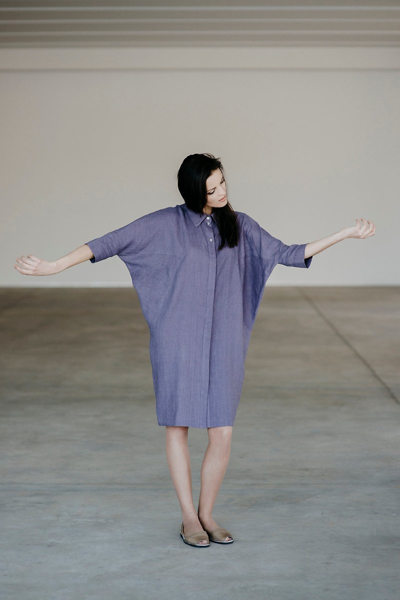 Linen Oversized Boyfriend Shirt Dress Motumo 15S2 - 洋装/连衣裙 - 亚麻 多色