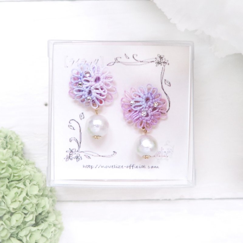 紫丁香和棉质珍珠耳环 - 耳环/耳夹 - 绣线 紫色