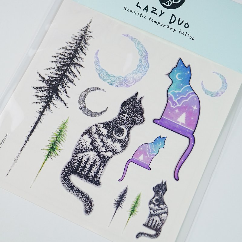 LAZY DUO水彩刺青纹身贴纸治愈猫咪星空月亮棕榈树木森林银河梦幻 - 纹身贴 - 纸 紫色