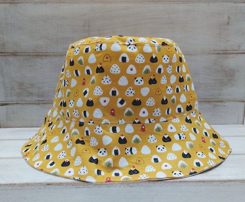 芥黄色熊猫饭团&米色格纹双面渔夫帽 遮阳帽 - 帽子 - 棉．麻 黄色