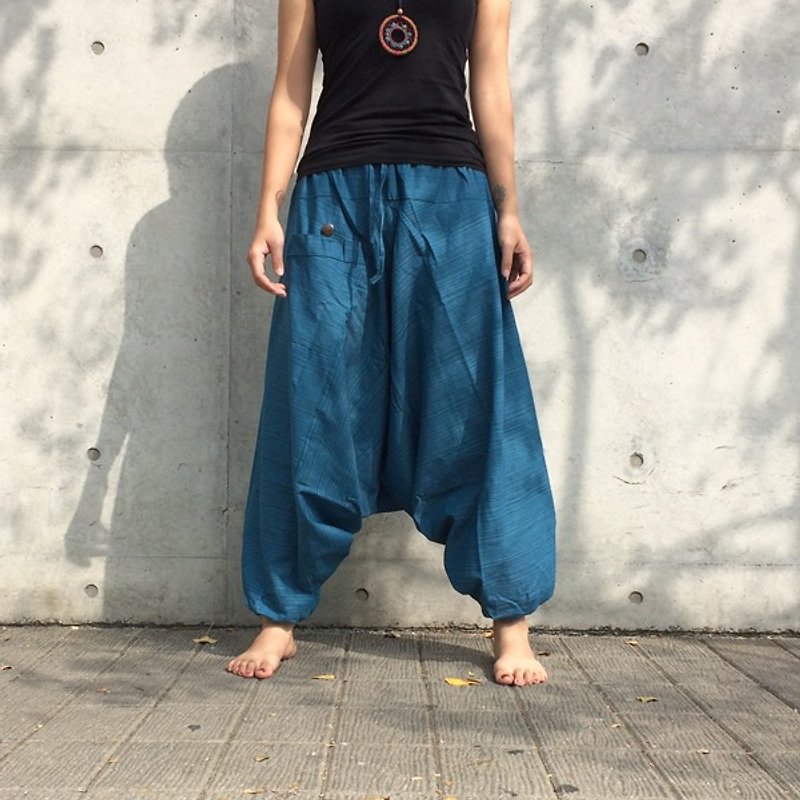 旅行裤-阿里巴巴裤 (海蓝)(单口袋)(条纹棉麻) - 女装长裤 - 棉．麻 蓝色