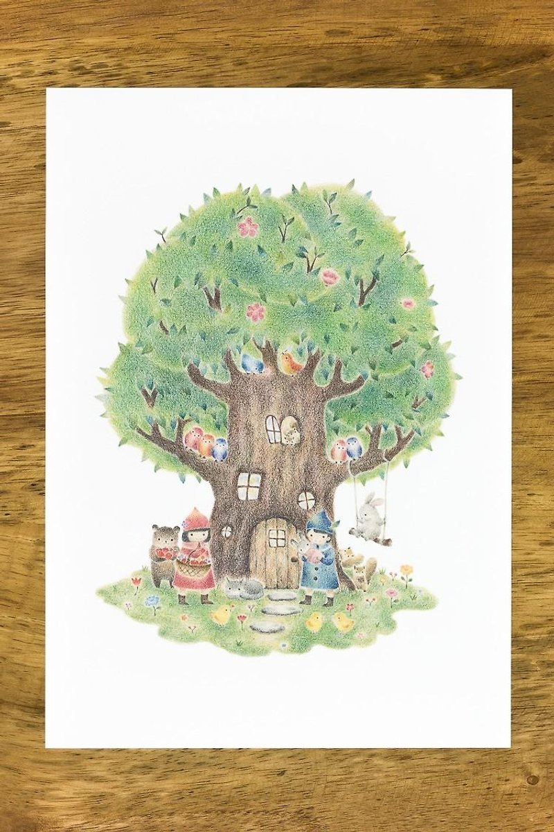 絵のある生活。アートプリント "子供たちと動物たちの大きな木の家" AP-45 - 海报/装饰画/版画 - 纸 绿色