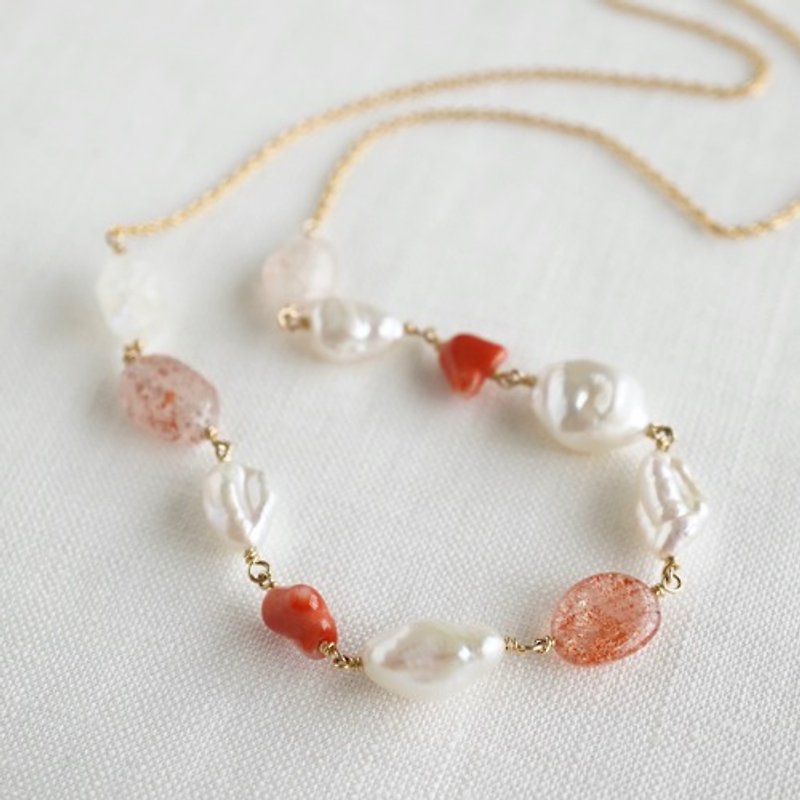 Sunstone and coral necklace 46cm [OP819] - 项链 - 宝石 