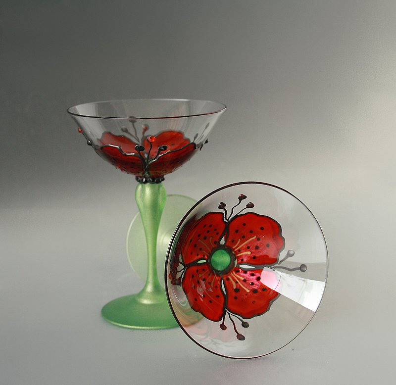 罂粟杯马丁尼香槟手绘 2 件套 - 酒杯/酒器 - 玻璃 红色