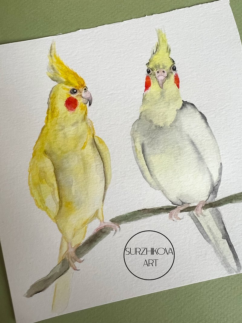 Watercolor original painting of a pair of cockatiel parrots, 6x6 inches - 墙贴/壁贴 - 纸 