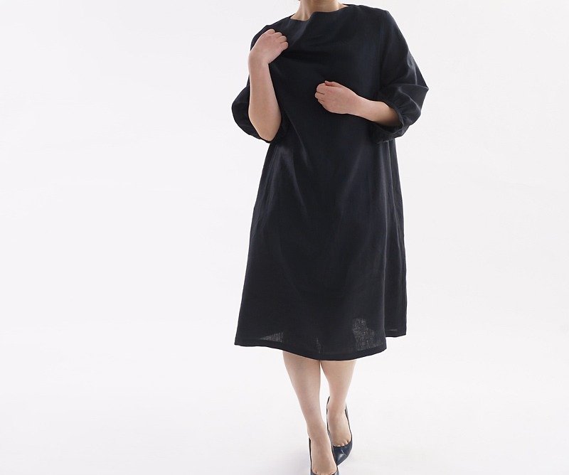 ベルギーリネンふんわりスリーブのオフネック ワンピース/ブラック a44-12 - 洋装/连衣裙 - 纸 黑色