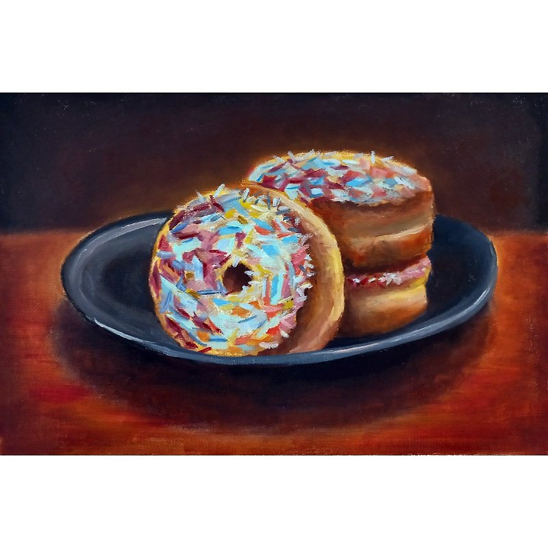 Donut Painting Dessert Original Art Food Oil Painting - 海报/装饰画/版画 - 其他材质 多色