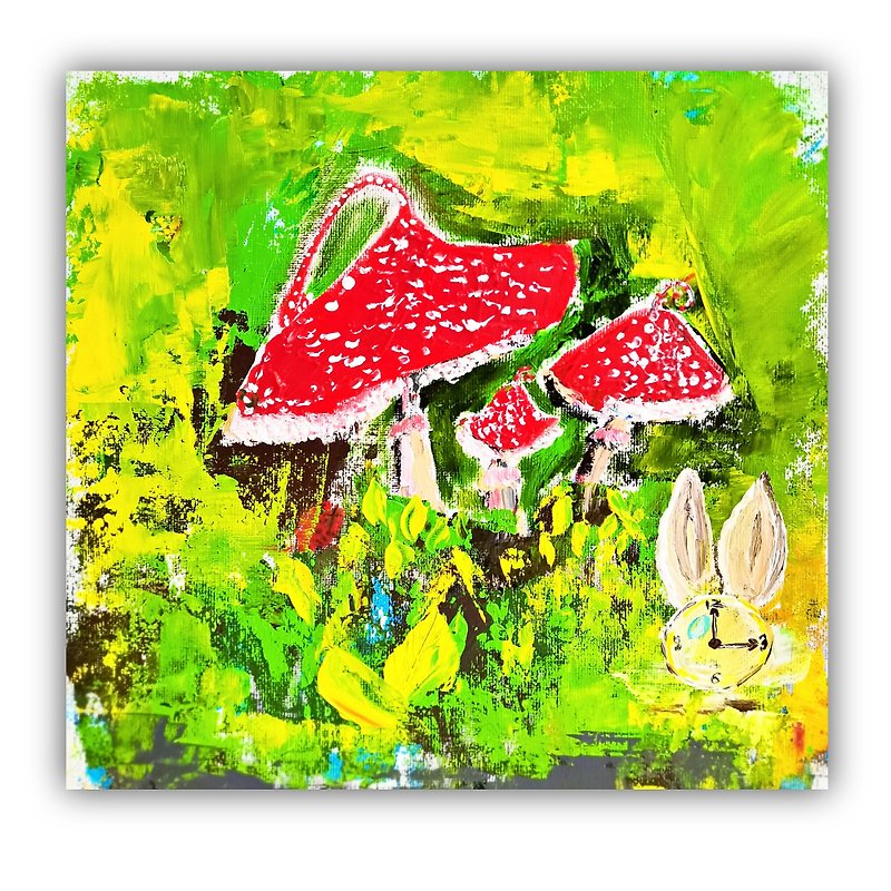 Mushrooms Painting Alice in Wonderland Original Amanita Artwork Rabbit Wall Art - 海报/装饰画/版画 - 棉．麻 多色