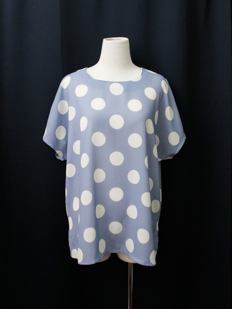 【RE0511T1966】日本制简约清新复古大圆点水蓝色短袖古着衬衫 - 女装衬衫 - 聚酯纤维 蓝色
