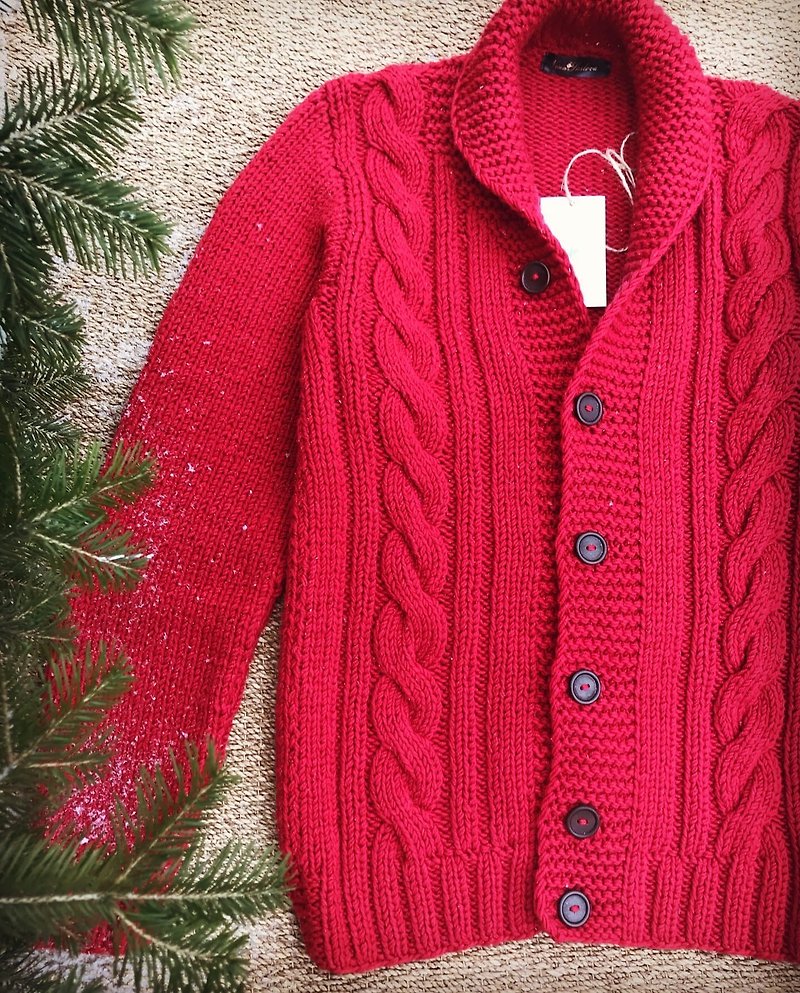 手工针织毛衣男款有机羊毛天然红色开襟衫男电缆 - 男装针织衫/毛衣 - 其他材质 