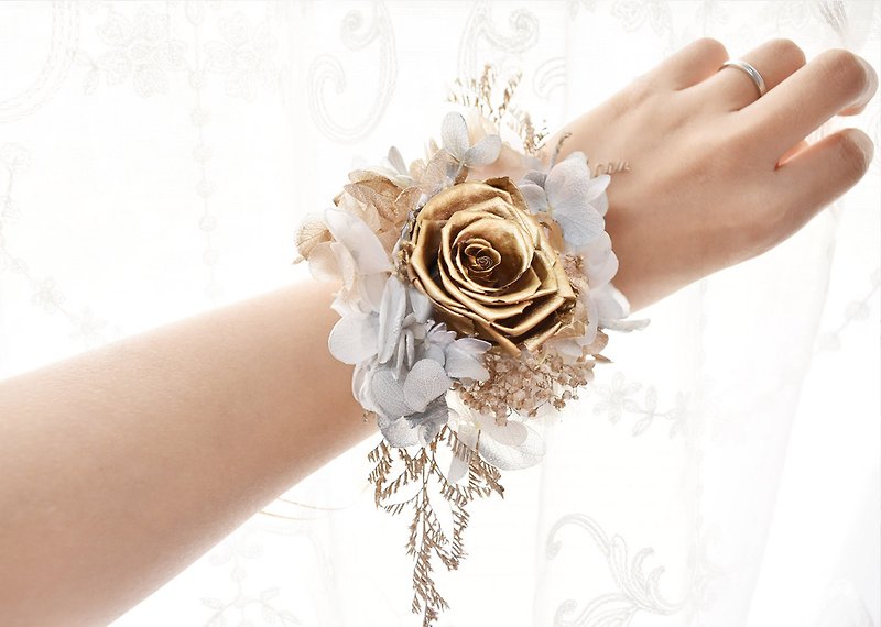 金色玫瑰手腕花 戒指 永生花 凋花 伴娘 婚礼 婚礼小物 结婚 新娘 - 胸花/手腕花 - 植物．花 金色