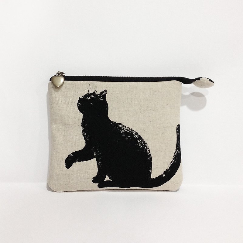 棉麻 黑猫 万用袋 (小) - 化妆包/杂物包 - 棉．麻 黑色
