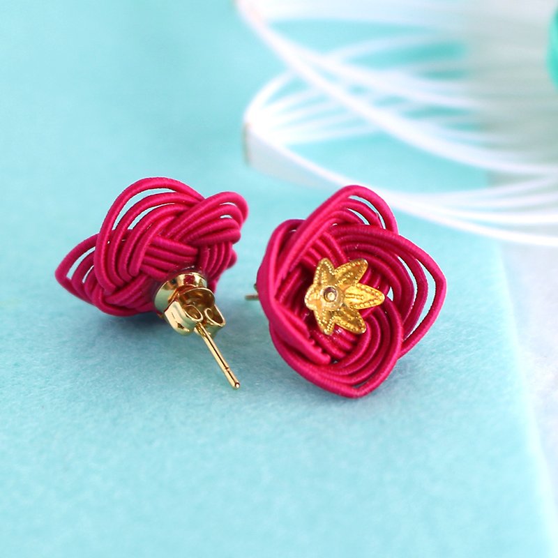 japanese style pierce earring / mizuhiki / japan / accessory / flower / red - 耳环/耳夹 - 丝．绢 红色