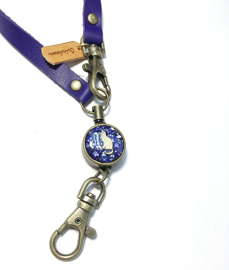 リールキーホルダー　キーホルダー　リール　パスケース　定期入れ　キーケース　日本製　ねこ　猫　ネコ　革 - 钥匙链/钥匙包 - 真皮 紫色