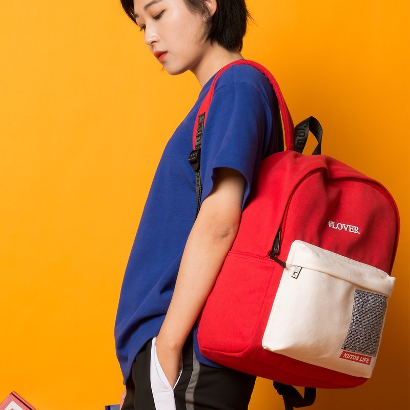 KIITOS东京爱情新款撞色刺绣印花后背包--红色LVOER款双肩包 - 后背包/双肩包 - 棉．麻 红色