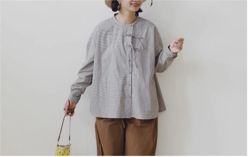 yarn dyed shirt 日产色织全棉系带衬衫 - 女装衬衫 - 棉．麻 灰色