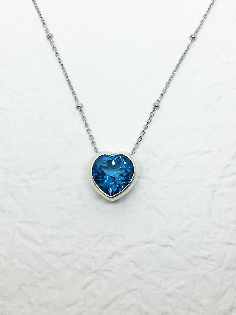 瑞士蓝拓帕石925纯银心形锁骨坠项链 尼泊尔手工镶嵌制作 - 项链 - 宝石 蓝色