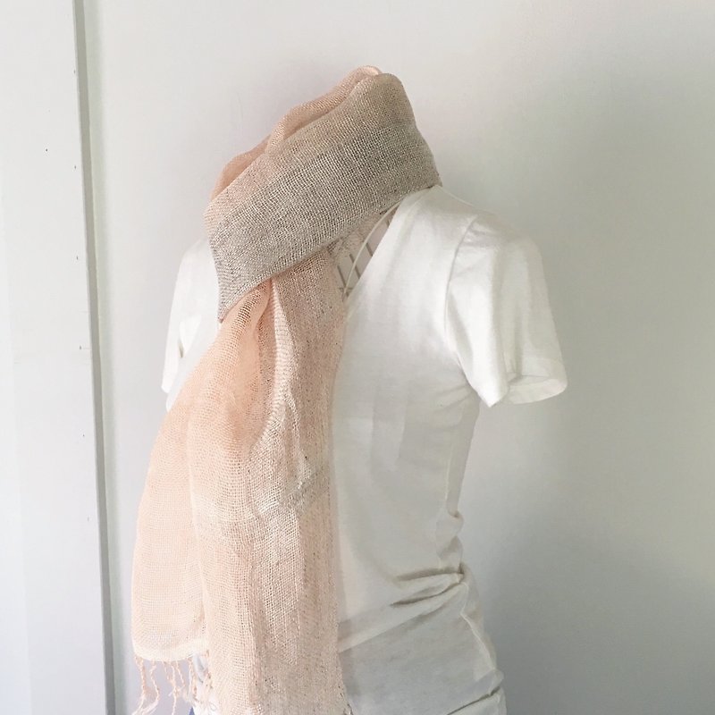 【ベルギーリネン：オールシーズン】ユニセックス：手織りストール"Soft Pink & Gray" - 丝巾 - 棉．麻 粉红色