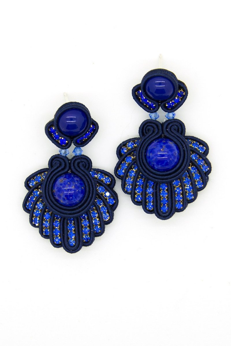 Earrings Navy blue earrings with glass cabochons and crystals Christmas Gift Wra - 耳环/耳夹 - 其他材质 蓝色
