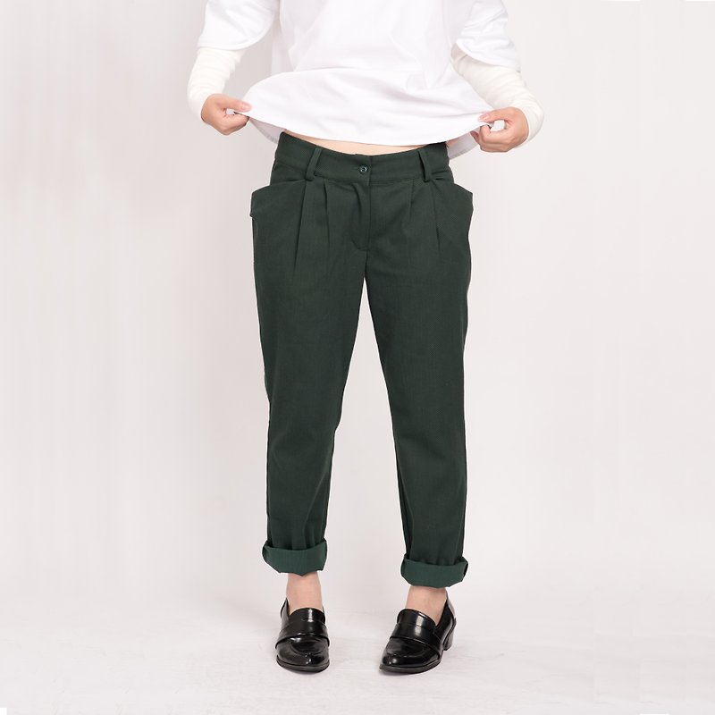 口袋设计 条纹绿 低腰老爷裤 - 女装长裤 - 聚酯纤维 绿色