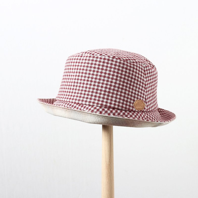 JOJA│[限量] 红白小格纹 / S-M可调式/ 单面渔夫帽 - 帽子 - 棉．麻 红色