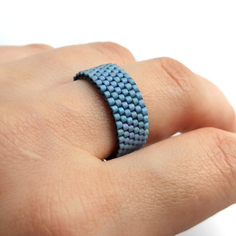 Matte blue ring | Handmade bead ring | Minimalist ring | Gift ring - 戒指 - 玻璃 蓝色