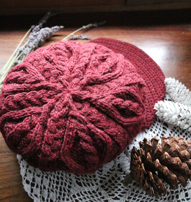 手作-传统麻花-学院红-贝蕾帽/鸭舌帽-毛线毛帽 - 帽子 - 羊毛 红色