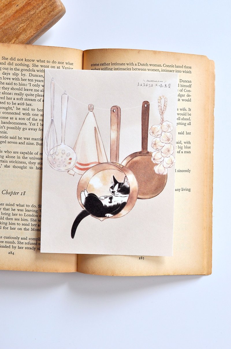 猫咪插画明信片-厨房休憩黑白猫 - 卡片/明信片 - 纸 白色