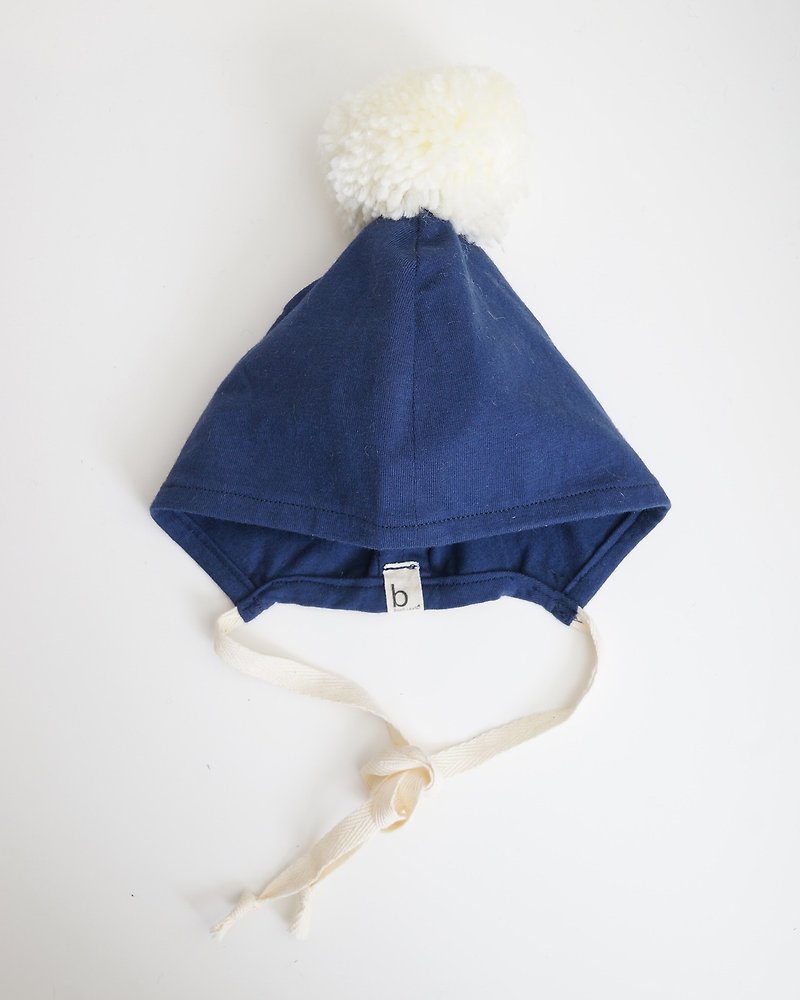 Bonbies 白色POMPOM配海军蓝有机棉手工小帽子 适合0-6个月婴儿 - 婴儿帽/发带 - 棉．麻 白色