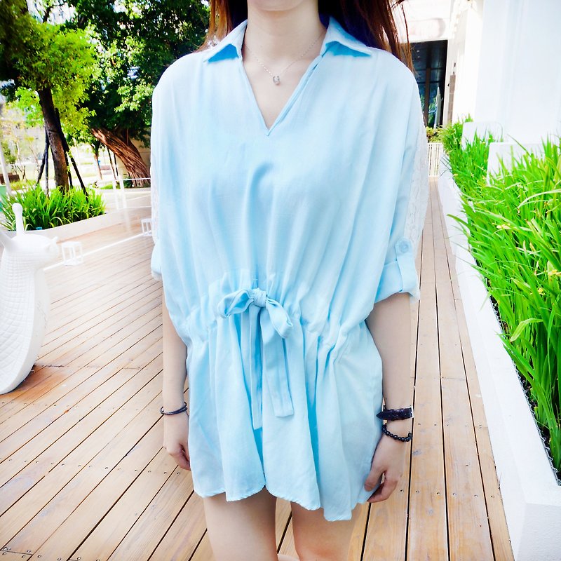 俏丽绑带修身长版竹节衬衫/水蓝 - 女装衬衫 - 其他材质 蓝色