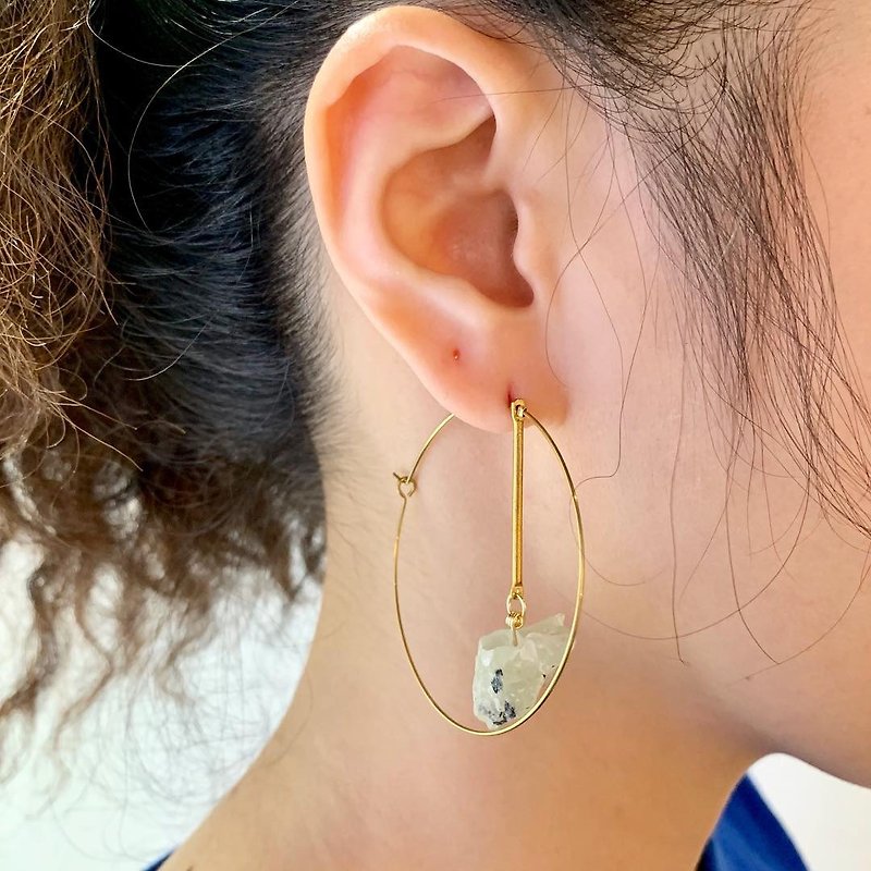 黄铜大单圈+垂坠天然葡萄石矿石铜耳环_可免费修改成夹式耳环 - 耳环/耳夹 - 石头 绿色