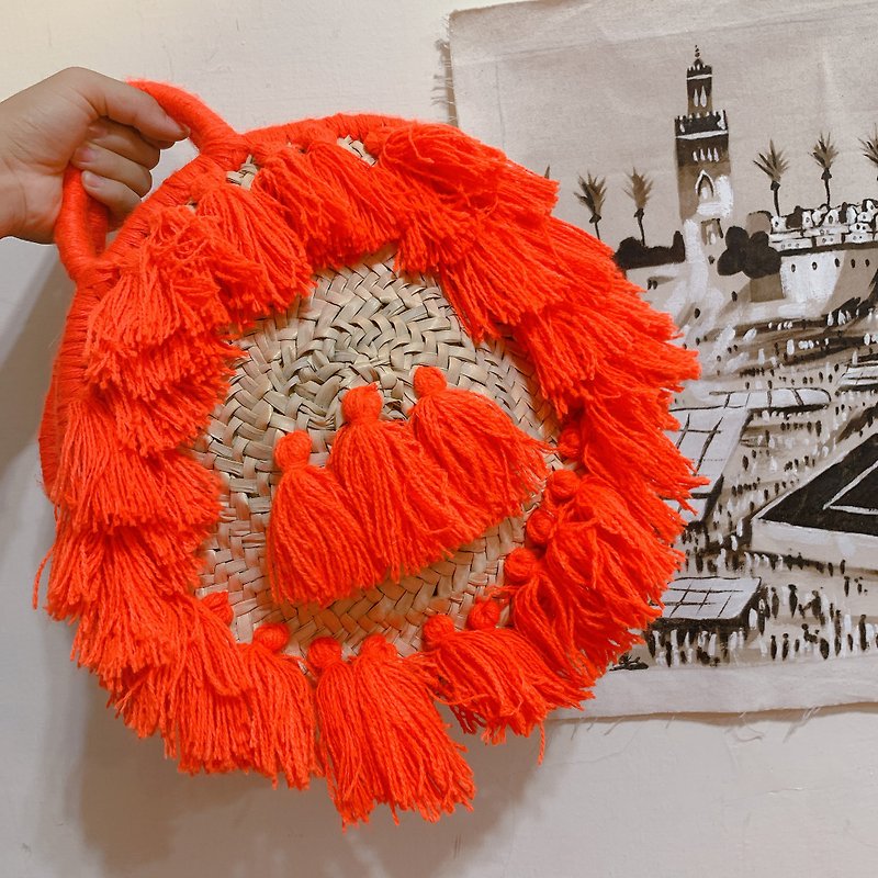 摩洛哥椰枣叶手工编织包 流苏提篮 小血橙 - 手提包/手提袋 - 环保材料 橘色