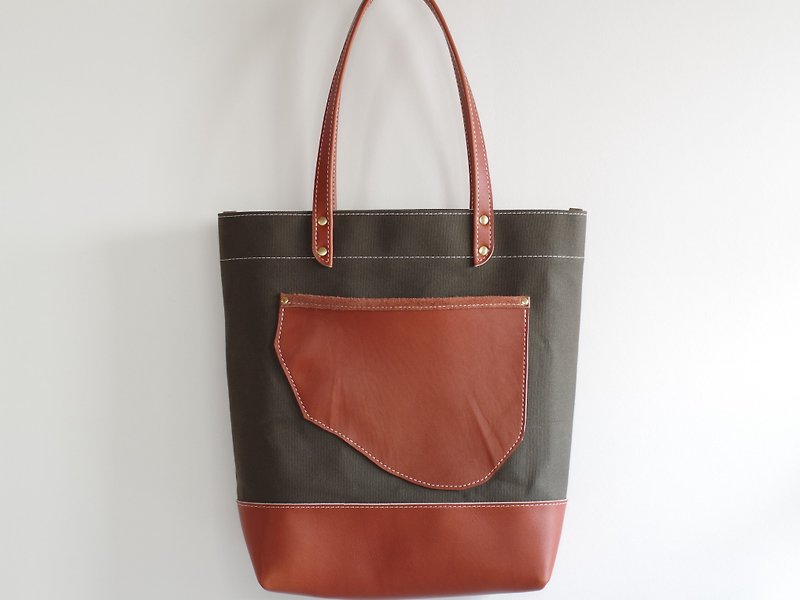 Leather ×Canvas tote bag - 手提包/手提袋 - 真皮 绿色