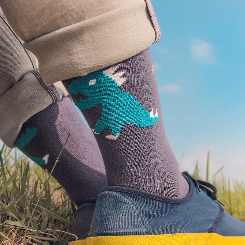 英伦风绅士袜∣恐龙莫兰迪风 - Polygiene抑菌除臭∣袜子∣台湾制 - 袜子 - 棉．麻 蓝色