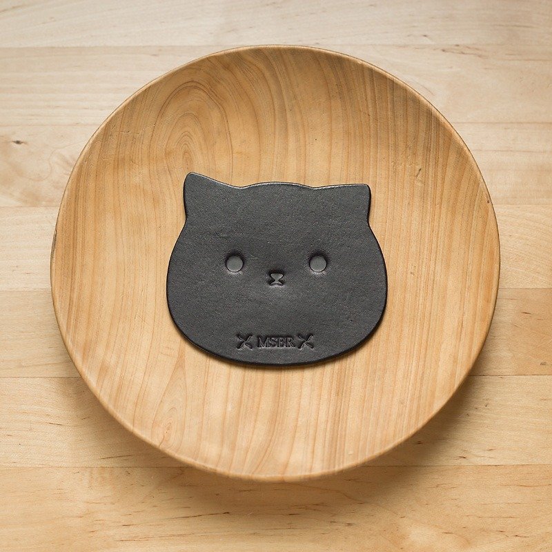 黑色植鞣皮杯垫(猫) - 杯垫 - 真皮 黑色
