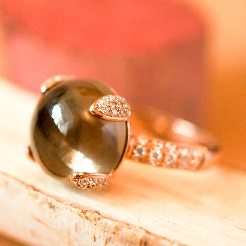 承诺 – 12mm圆形卜面茶晶缀水钻银电18k玫瑰金戒指 - 戒指 - 宝石 咖啡色