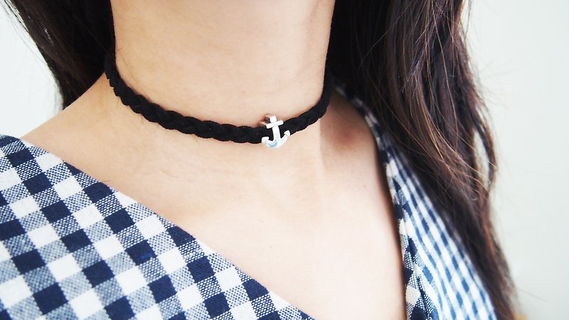 Silver anchor braided black suede choker/necklace - 项链 - 其他材质 黑色