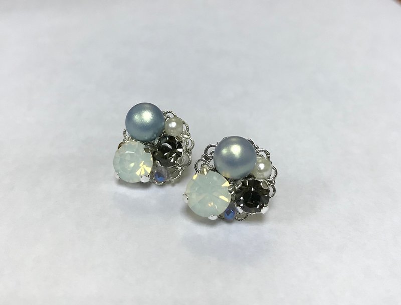 水钻珍珠耳环-粉蓝+灰 - 耳环/耳夹 - 其他金属 蓝色