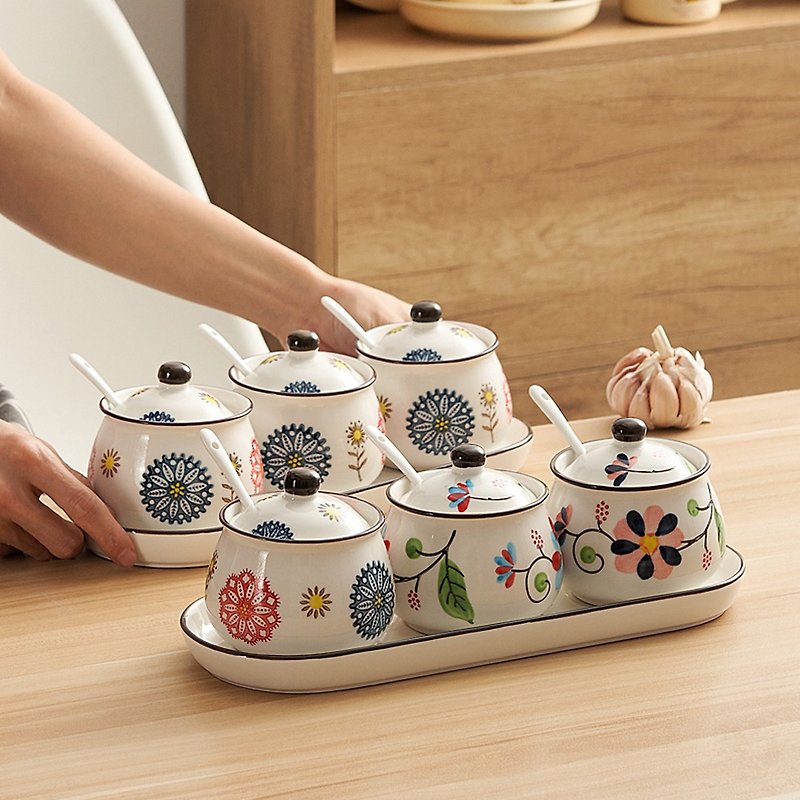 日式和风陶瓷调料罐 釉下彩调味瓶套装家用厨房带托盘盐罐调料瓶 - 调味罐/酱料瓶 - 瓷 