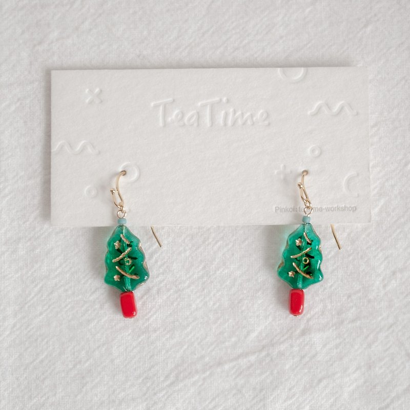 TeaTime 你的圣诞树番外篇 圣诞快乐 耳环  冬日限定 - 耳环/耳夹 - 玻璃 绿色