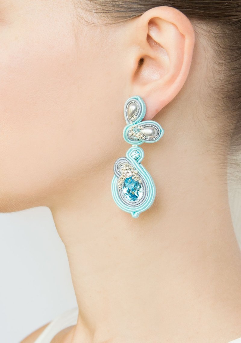 Earrings Drop floral earrings with Swarovski stones in blue colorChristmas Gift - 耳环/耳夹 - 其他材质 蓝色