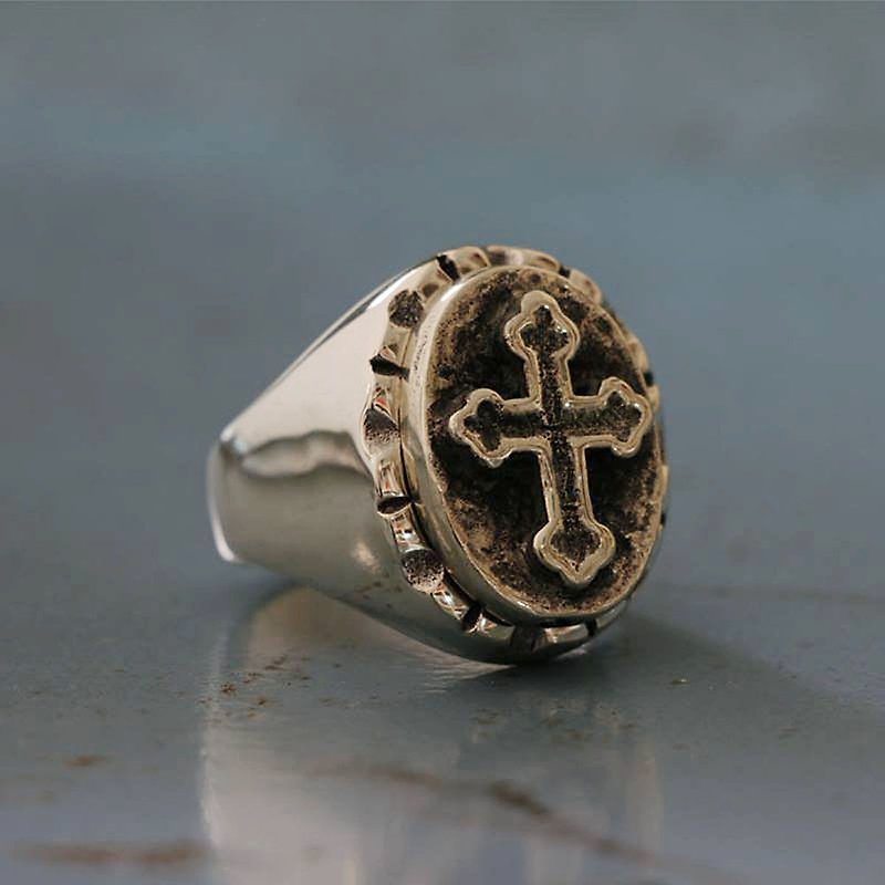 老式墨西哥骑自行车的人戒指头骨交叉基督耶稣纯银男子摇杆 - 戒指 - 其他金属 银色