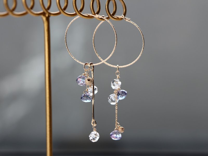 14kgf-mystic topaz asymmetry hoop pierced earrings(can change to clip-on) - 耳环/耳夹 - 宝石 紫色