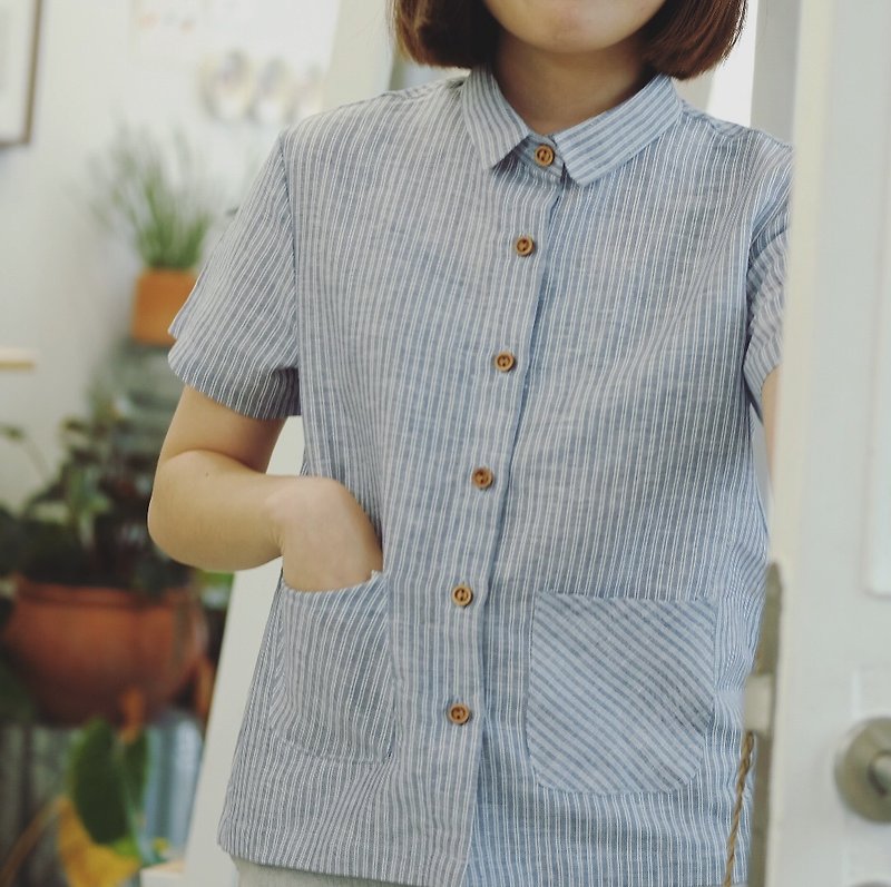mini pockets shirt - 女装衬衫 - 棉．麻 蓝色