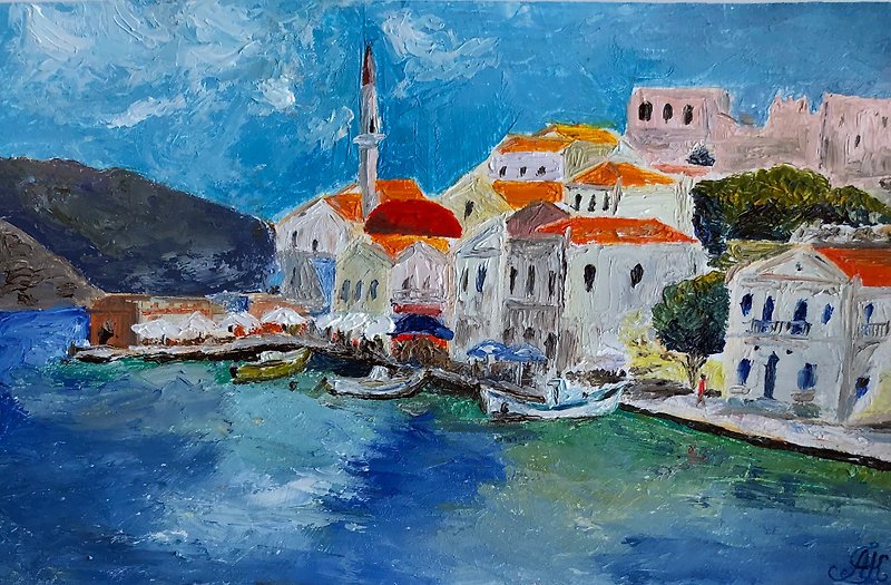 Greece Original oil painting cityscape wall art hand painted 8,3x5,3 inch - 墙贴/壁贴 - 其他材质 蓝色